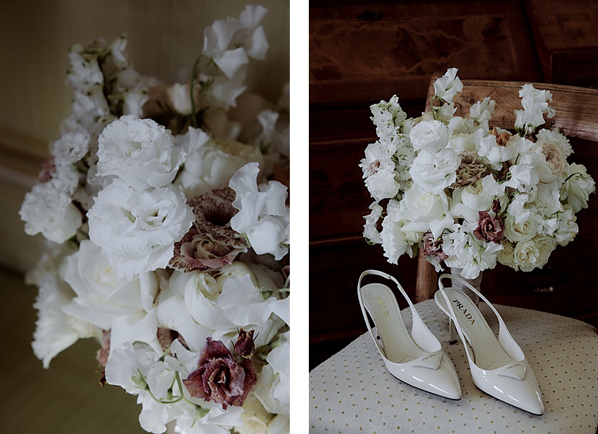 Ein Strauß weißer und hellrosa Rosen thront elegant auf einem Stuhl mit cremefarbenen High Heels und erinnert an eine Hochzeit in Hannover. Das Bild ist in zwei Teile geteilt, die jeweils einen einzigartigen Blickwinkel auf das charmante Arrangement bieten.