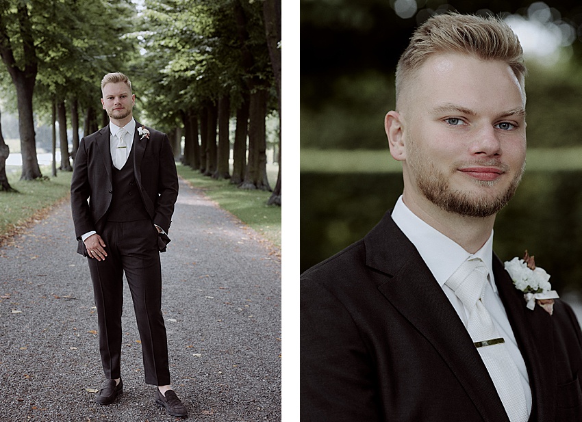 Linkes Bild: Ein Mann im dunklen Anzug mit Ansteckblume steht auf einem von Bäumen gesäumten Weg, vermutlich in den Herrenhäuser Gärten. Rechtes Bild: Nahaufnahme desselben Mannes mit weißem Hemd und Krawatte, mit verschwommenen Bäumen im Hintergrund, die die Atmosphäre einer Hochzeit in Hannover einfangen.