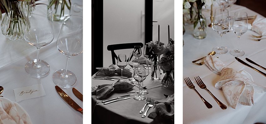 Drei Bilder zeigen eine elegante Tischdekoration, perfekt für eine Hochzeit: leere Wein- und Wassergläser, Blumenarrangements, Stoffservietten und Besteck auf strahlend weißen Tischdecken. Eine Namenskarte mit der Aufschrift „Bridgeton“ ziert das erste Bild, während Kerzen und Blumen im zweiten Bild den Charme der Herrenhäuser Gärten in Hannover heraufbeschwören.